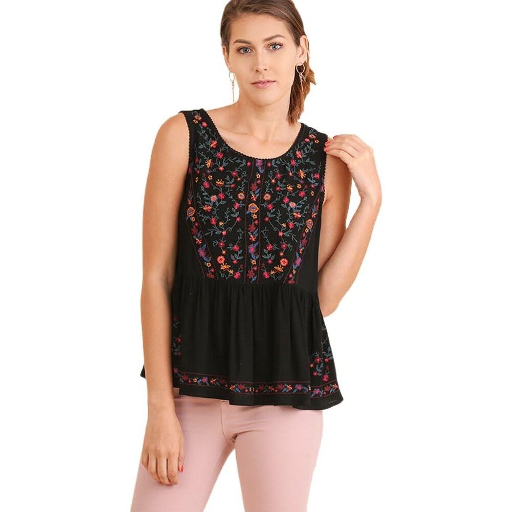 Umgee Womens Tank Top Sz S Boho Bliss Black Embroidered Floral Babydoll‎ Blouse